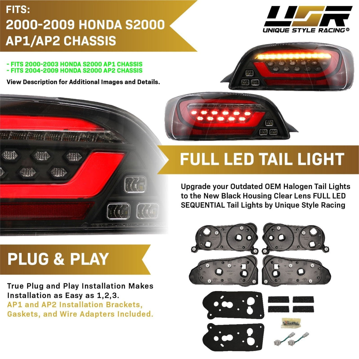 2000-2009 Honda S2000 Black/Smoke LED Tail Lights