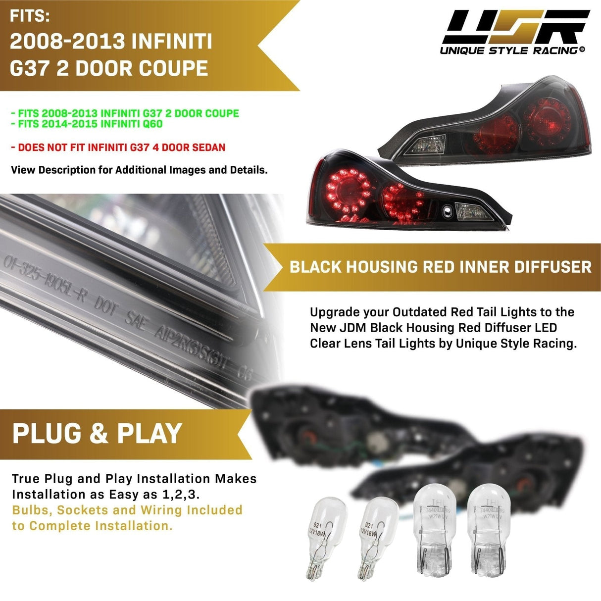 2008-2013 Infiniti G37 Maxzone Style Black Housing Clear Lens Tail Lights