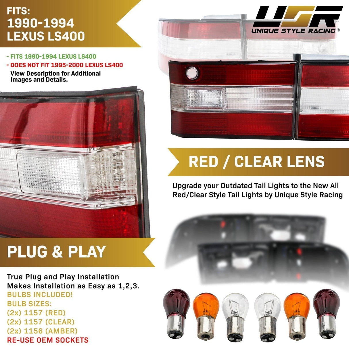 1990-1994 Lexus LS400 JDM Look Red/Clear/Red Tail Lights