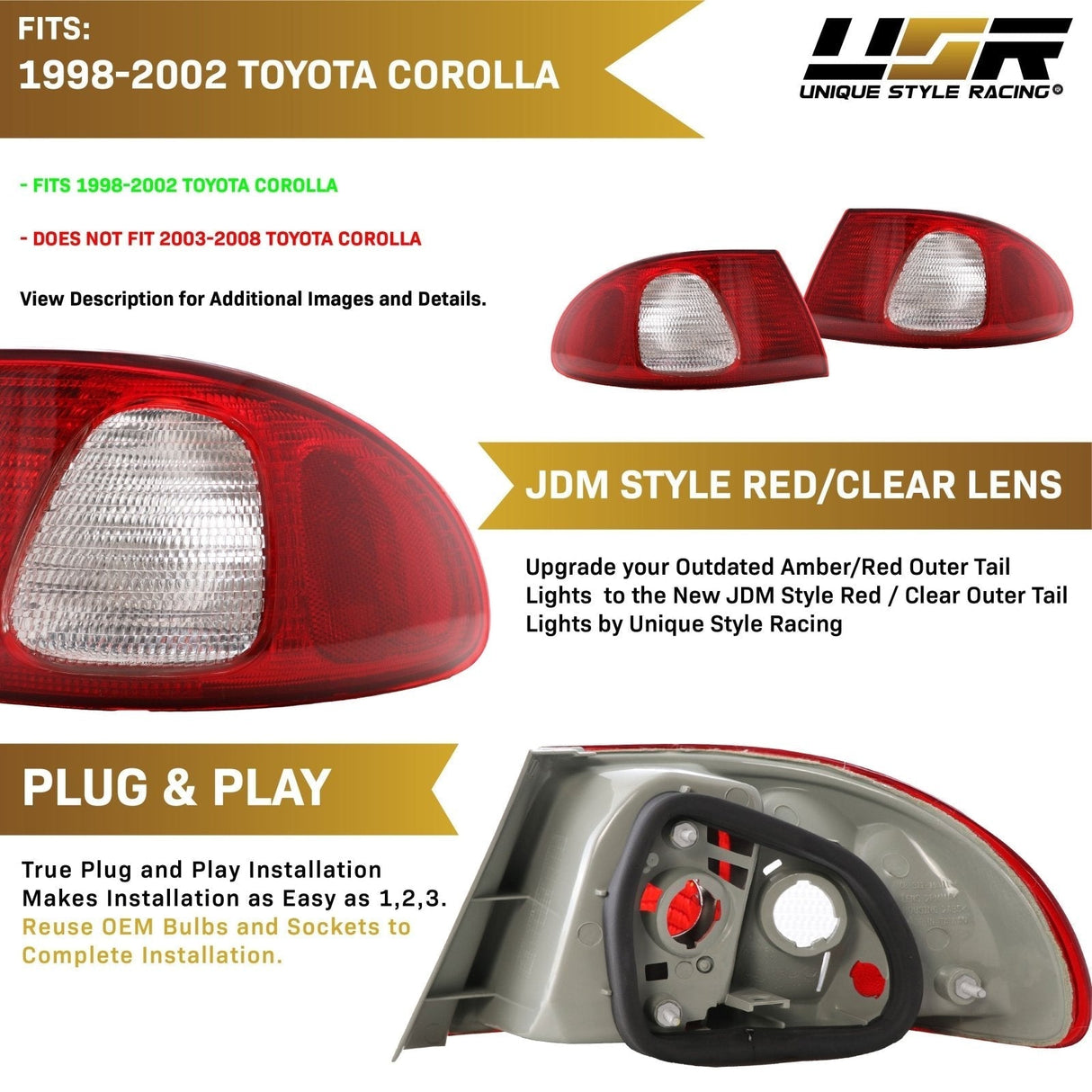1998-2002 Toyota Corolla Red/Clear 2 Piece Outer Tail Lights