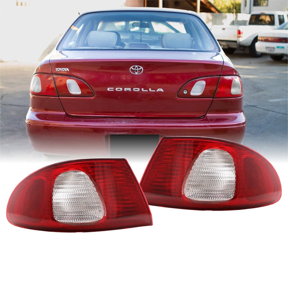 1998-2002 Toyota Corolla Red/Clear 2 Piece Outer Tail Lights
