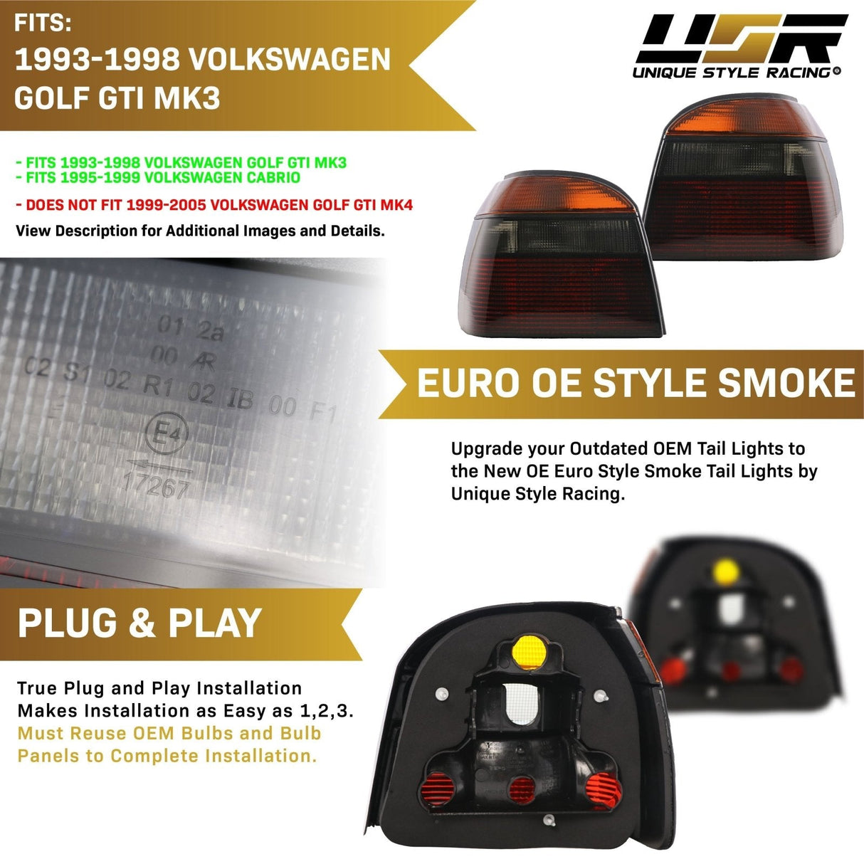 1993-1999 Volkswagen Golf GTI Euro OE Style All Smoke Tail Lights