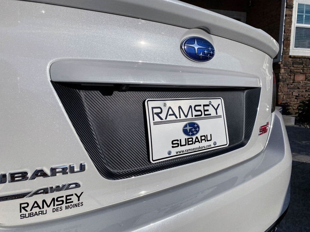 V1 3D Carbon License Plate Panel Black Out Overlays - 2015-2020 Subaru WRX / STI