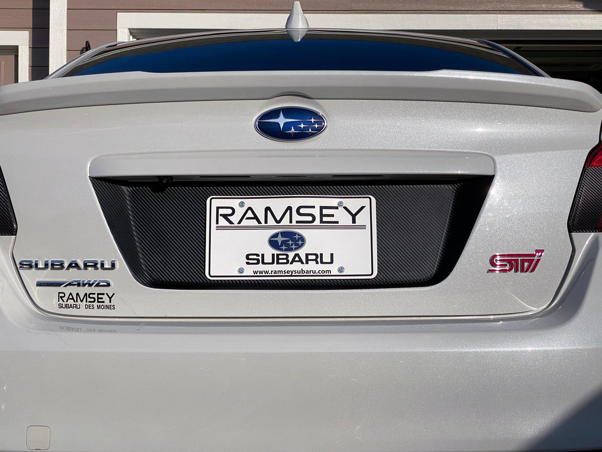 V1 3D Carbon License Plate Panel Black Out Overlays - 2015-2020 Subaru WRX / STI