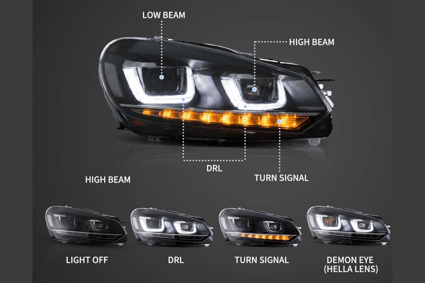Volkswagen Golf 6 MK6 Black Demon Eyes Projector Headlight (2008 - 2014) - K2 Industries