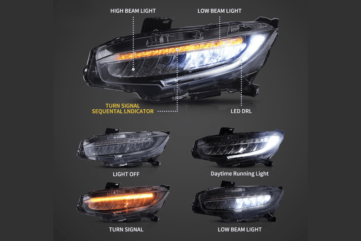 Honda Civic 10th Gen (FC/FK) Chrome LED Reflection Bowl Headlights (2016-2021) - K2 Industries
