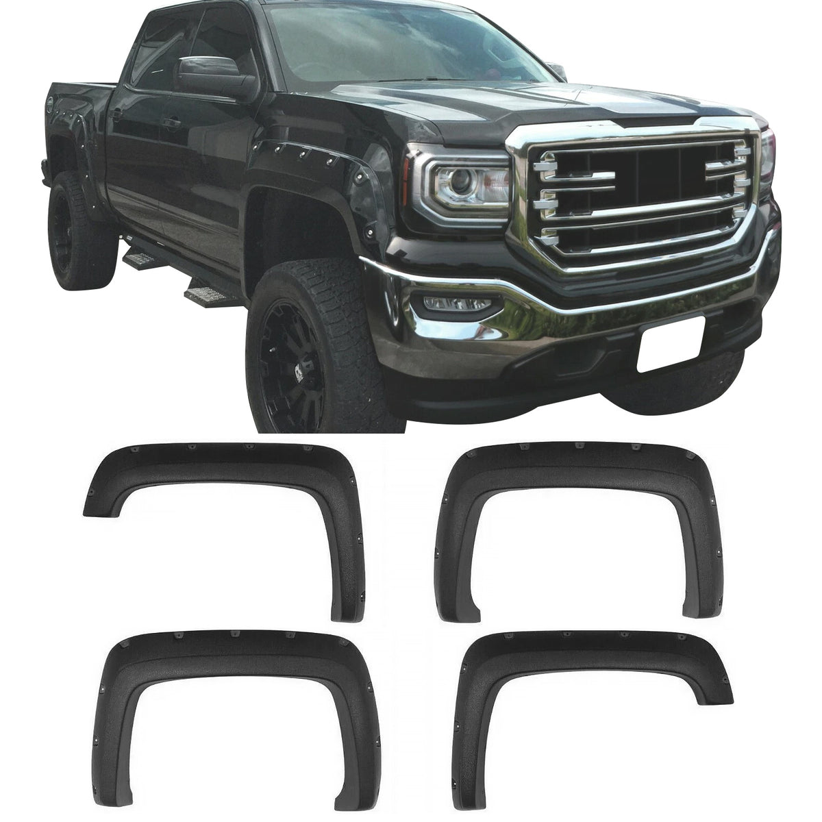 2007-2013 GMC Sierra 1500 69.3"/78.7"/97.6" Bed 4PCS Wheel Arch Fender Flares Replacement Rivet Pocket Style Textured Black