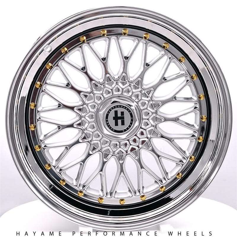 17x8.5 In Platinum Chrome Hayame Performance Wheel Rims Gold Accent