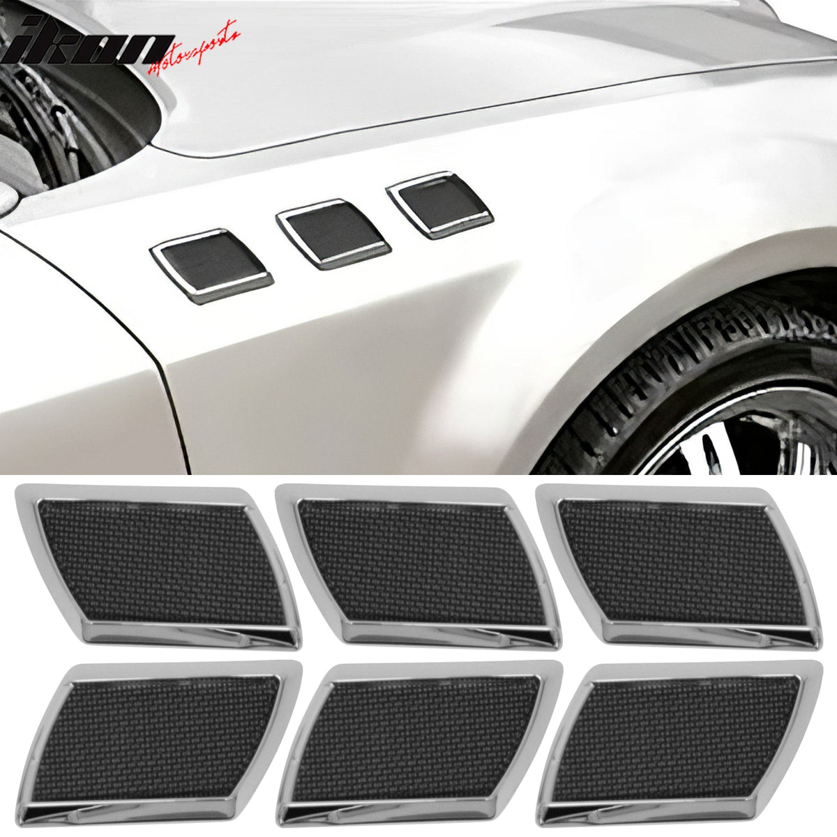 Universal 6PCS Right Left RH LH Front Side Fender Port Hole Bezels Covers W/Chrome Frame Black Mesh