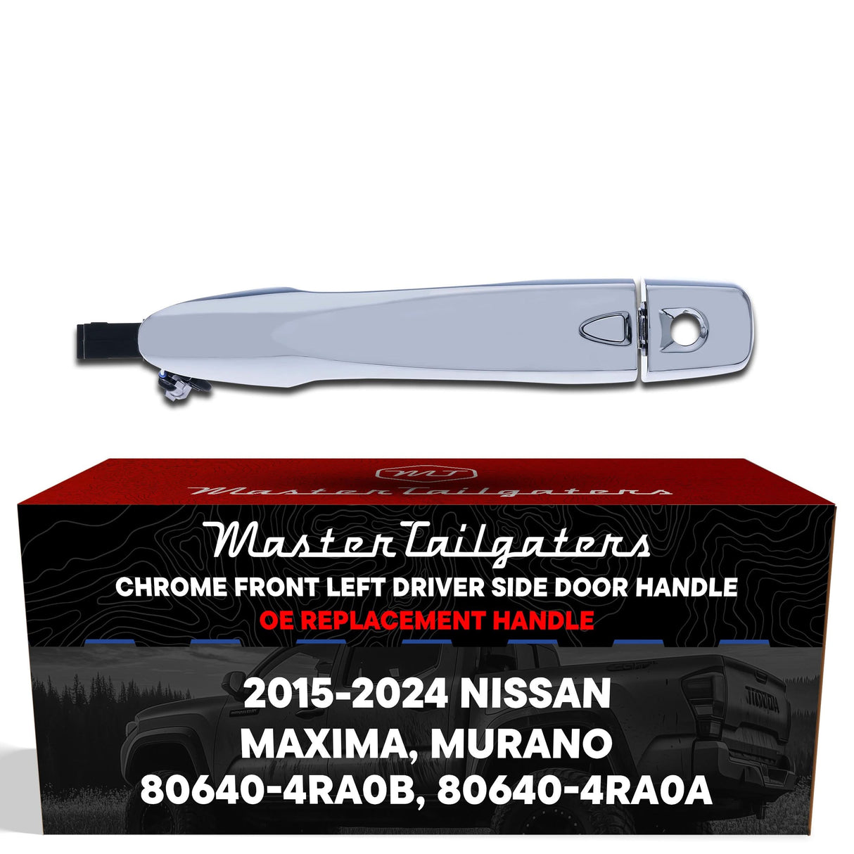 Exterior Door Handle Chrome Replacement for Nissan Maxima (2016-2024), Murano (2015-2024) OE Part # 80640-4RA0B, 80640-4RA0A | Front Left Driver Side w/ Keyhole Cover