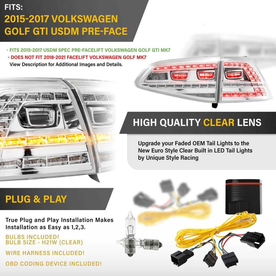 Volkswagen MK7 GTI Premium Euro Style All Clear Lens LED Tail Lights (2015-2017) - With OBD Coder