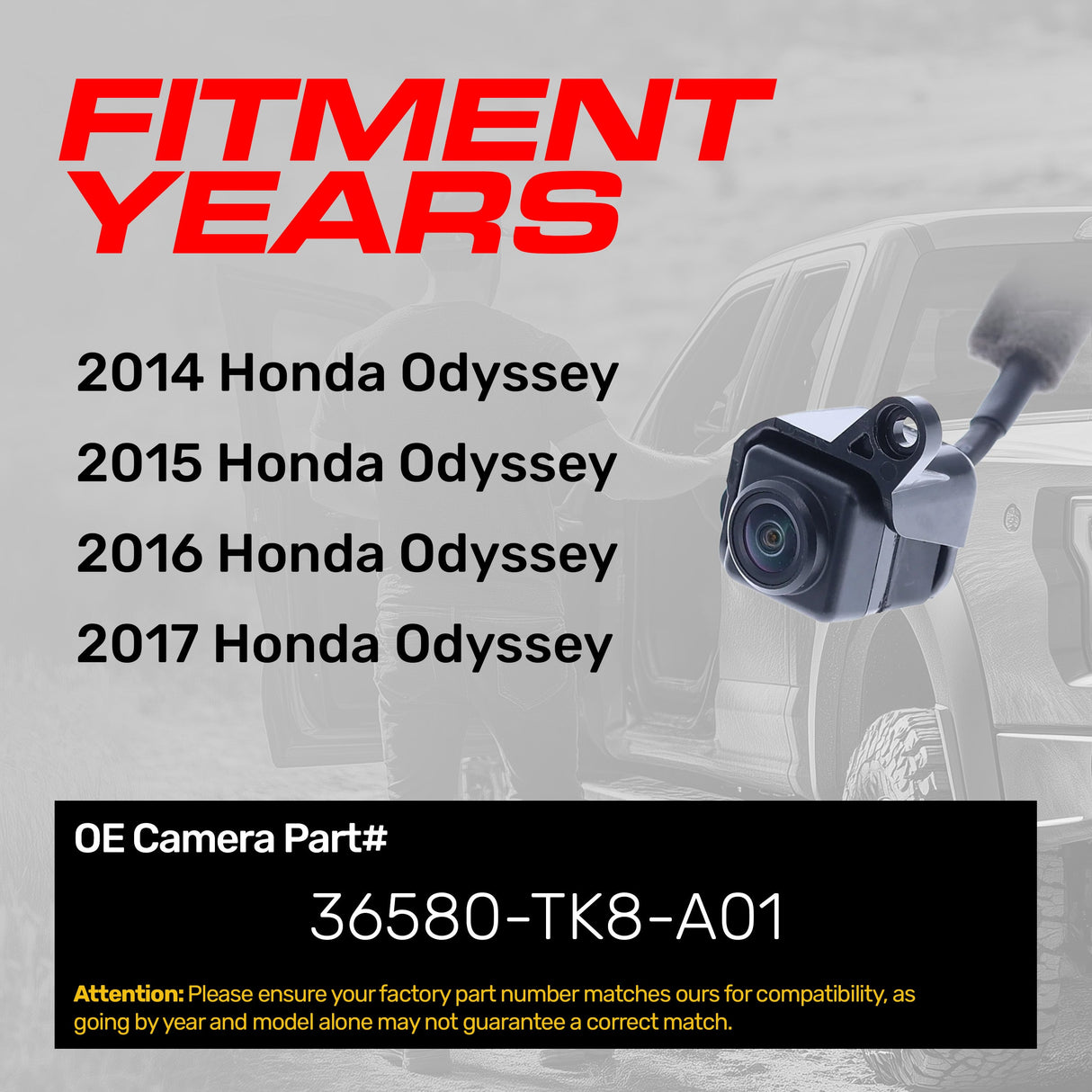 Honda Odyssey (2014-2017) Right Side View OEM Replacement Backup Camera OE Part # 36580-TK8-A01