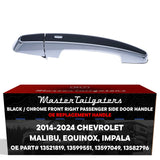 Exterior Door Handle Black/Chrome Replacement for Chevrolet Malibu (16-24), Equinox (14-24), Impala (14-24) OE Part # 13521819, 13599551, 13597049, 13582796 | Front Right Passenger Side w/o Keyhole