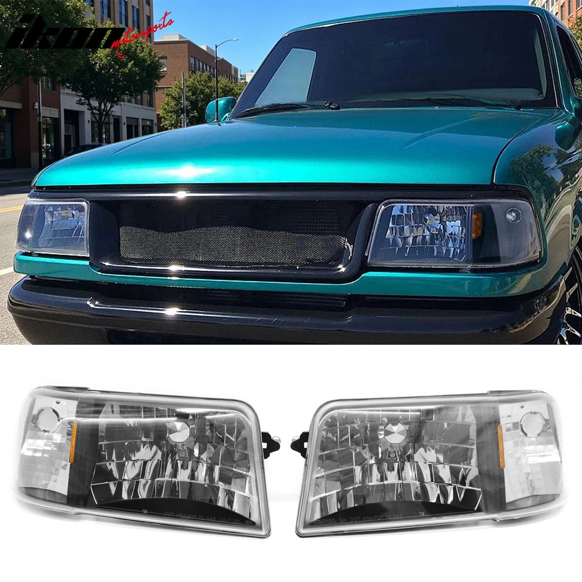 1993-1997 Ford Ranger Driver Passenger Side Front Bumper Driving Headlights Head Lamps Assembly Replacement Black Housing Clear Lens Amber Reflector