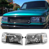 1993-1997 Ford Ranger Driver Passenger Side Front Bumper Driving Headlights Head Lamps Assembly Replacement Black Housing Clear Lens Amber Reflector