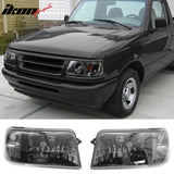 1993-1997 Ford Ranger Driver Passenger Side Front Bumper Driving Headlights Head Lamps Assembly Replacement Black Housing Smoke Lens Amber Reflector