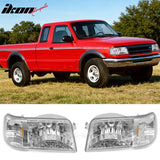 1993-1997 Ford Ranger Driver Passenger Side Front Bumper Driving Headlights Head Lamps Assembly Replacement Chrome Housing Clear Lens Amber Reflector