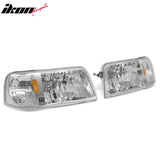 1993-1997 Ford Ranger Driver Passenger Side Front Bumper Driving Headlights Head Lamps Assembly Replacement Chrome Housing Clear Lens Amber Reflector