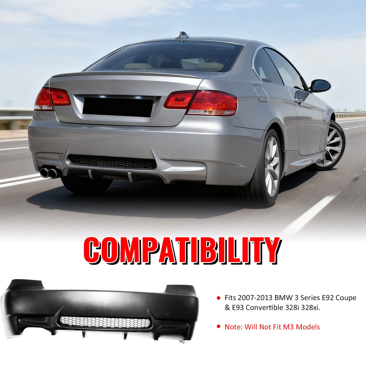 2007-2013 BMW E92 E93 3 Series M3 Style Unpainted Rear Bumper Cover PP