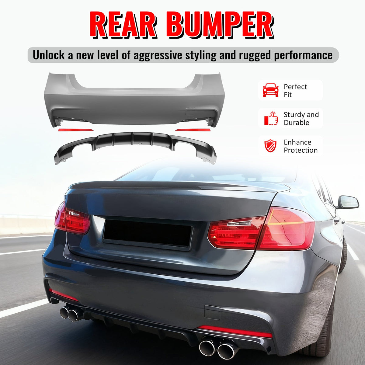 2012-2018 BMW F30 3 Series MP Style Rear Bumper Cover W/Diffuser PP