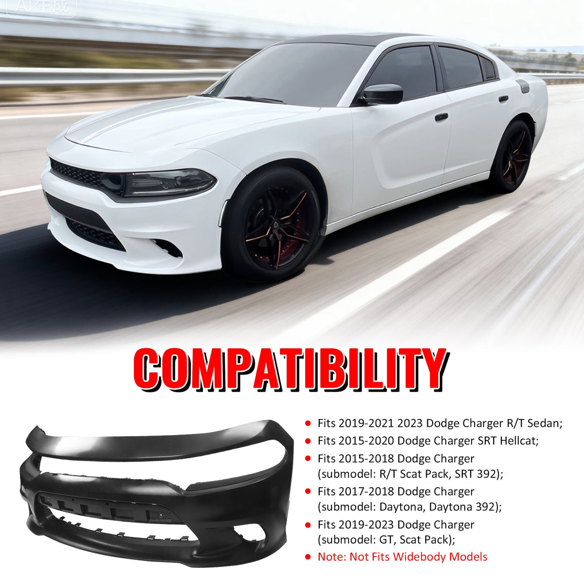 2015-2023 Dodge Charger SRT Hellcat Style Car Front Bumper Cover PP
