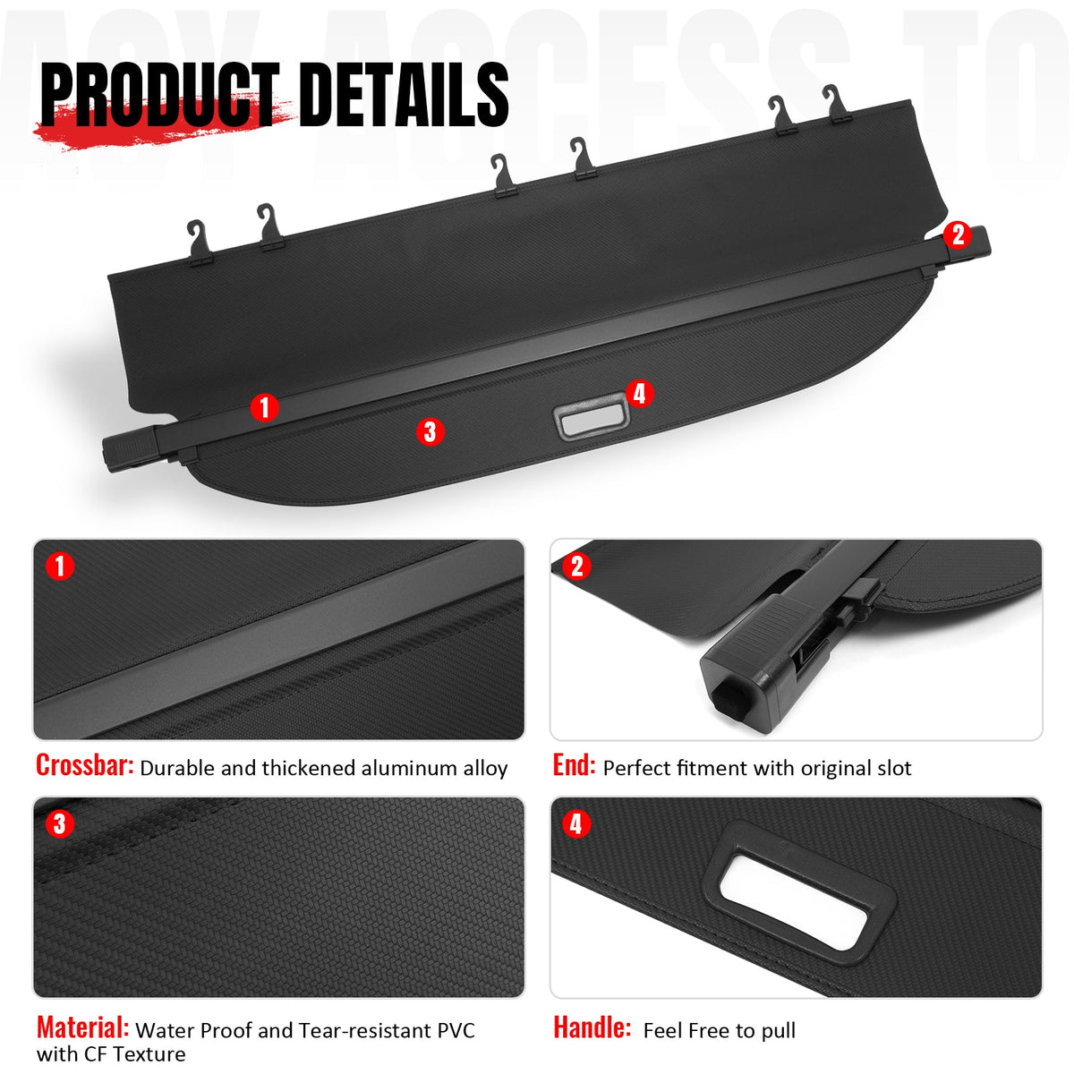 Retractable Rear Cargo Cover for Ford Edge 2015-2024 Carbon Fiber Texture