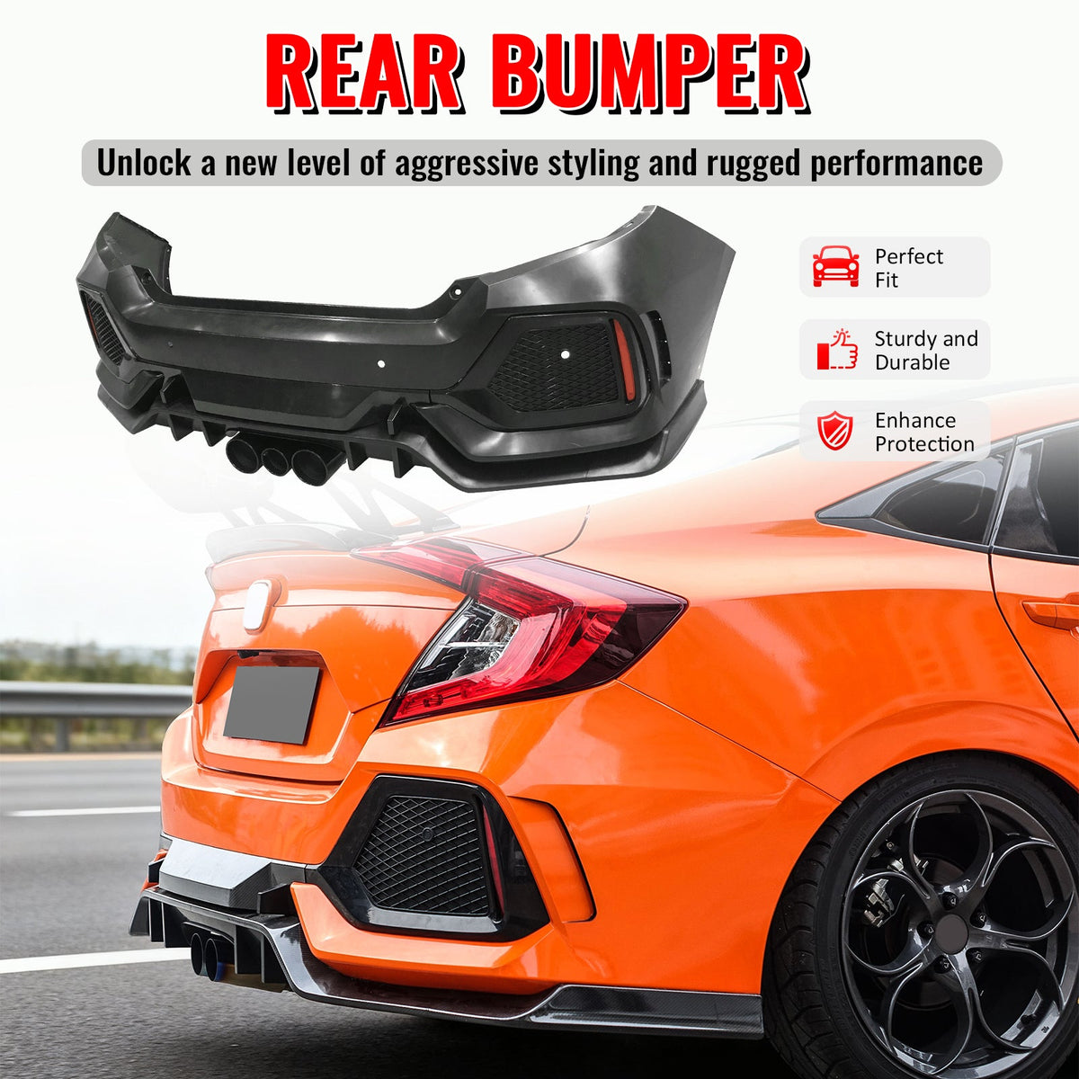 2016-2021 Honda Civic Sedan TR Style Rear Bumper Cover W/Diffuser PP