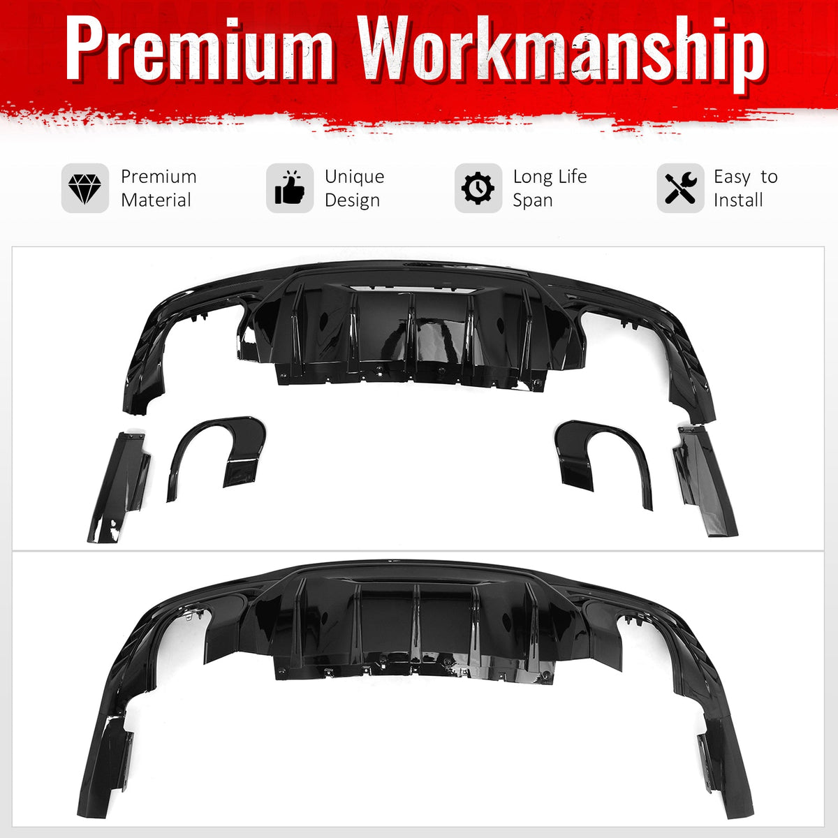 2024-2026 Ford Mustang Rear Diffuser Rock Style Gloss Black