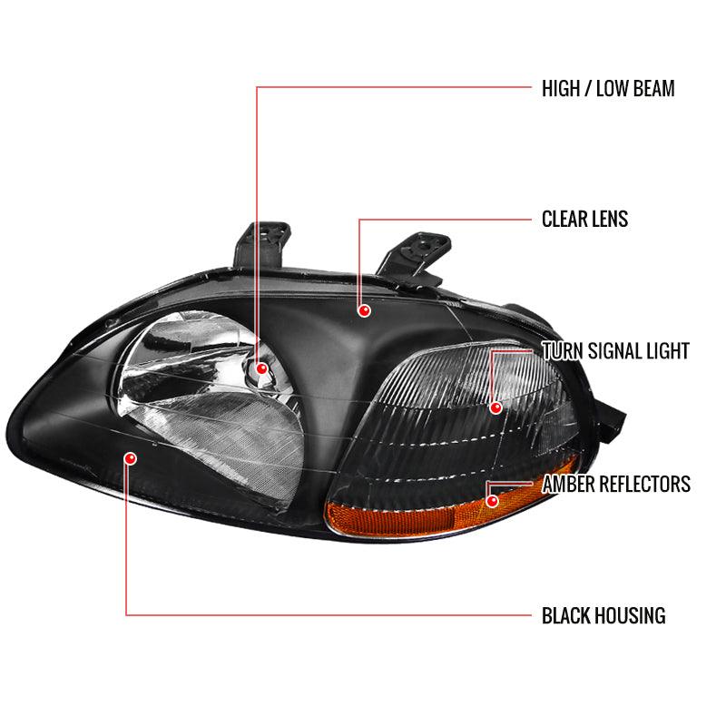 Spec-D OEM Replacement Headlights Honda Civic EK (96-98) JDM Euro Black or Chrome