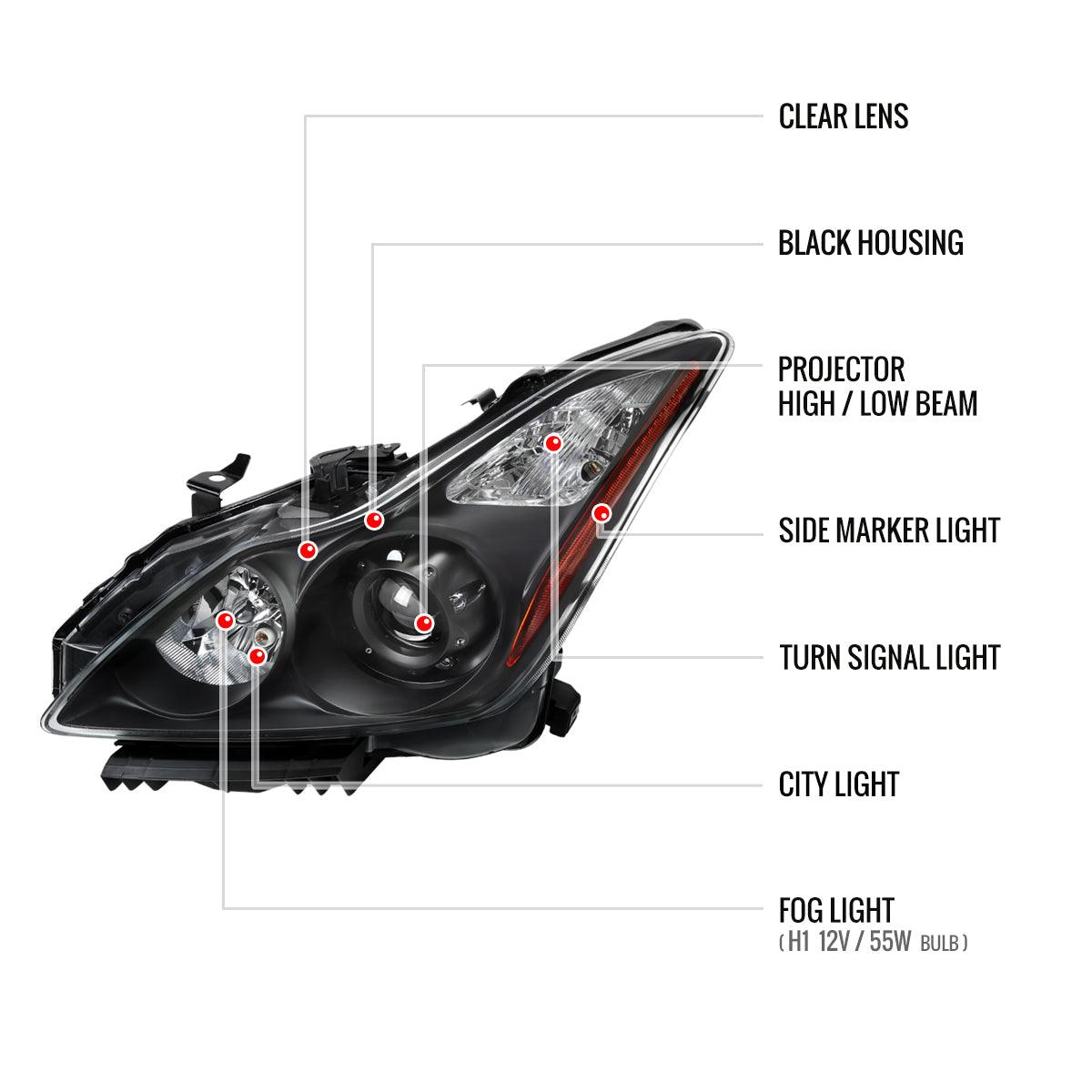 Infiniti G37 Coupe Projector Headlights with DRL LED Sequential Signal - Black / Chrome / Smoked (2008 - 2013) - K2 Industries