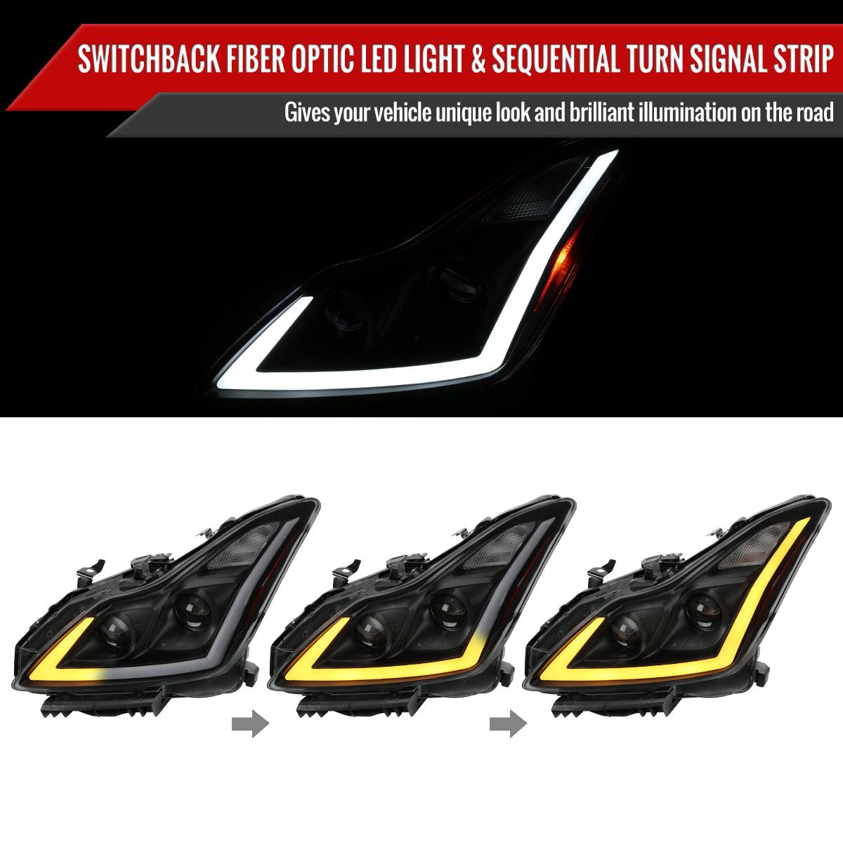 Infiniti G37 Coupe Projector Headlights with DRL LED Sequential Signal - Black / Chrome / Smoked (2008 - 2013) - K2 Industries