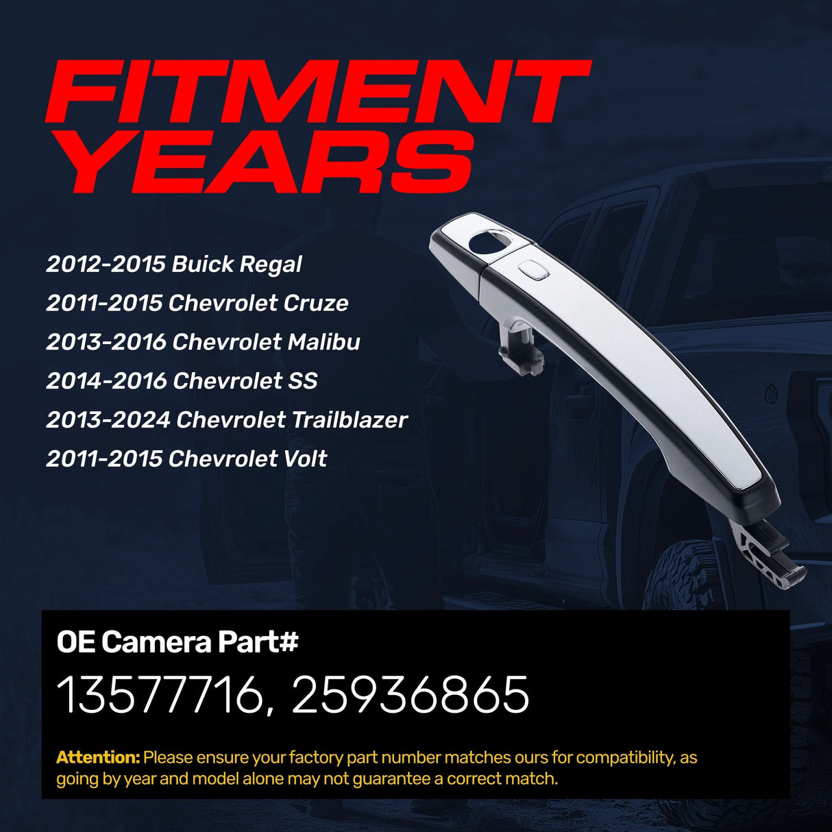 Exterior Door Handle Black/Chrome Replacement for Buick Regal (12-15) / Chevrolet Cruze (11-15), Malibu (13-16), SS (14-16), Trailblazer (13-24), Volt (11-15) OE Part # 13577716, 25936865 | Front LH