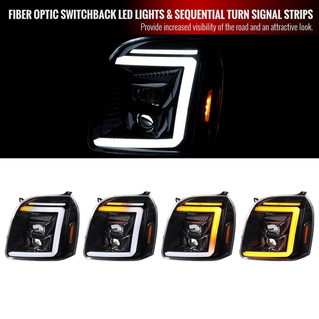 Spec-D Projector Headlights GMC Yukon (07-14) Switchback LED DRL C-Bar - Black / Chrome
