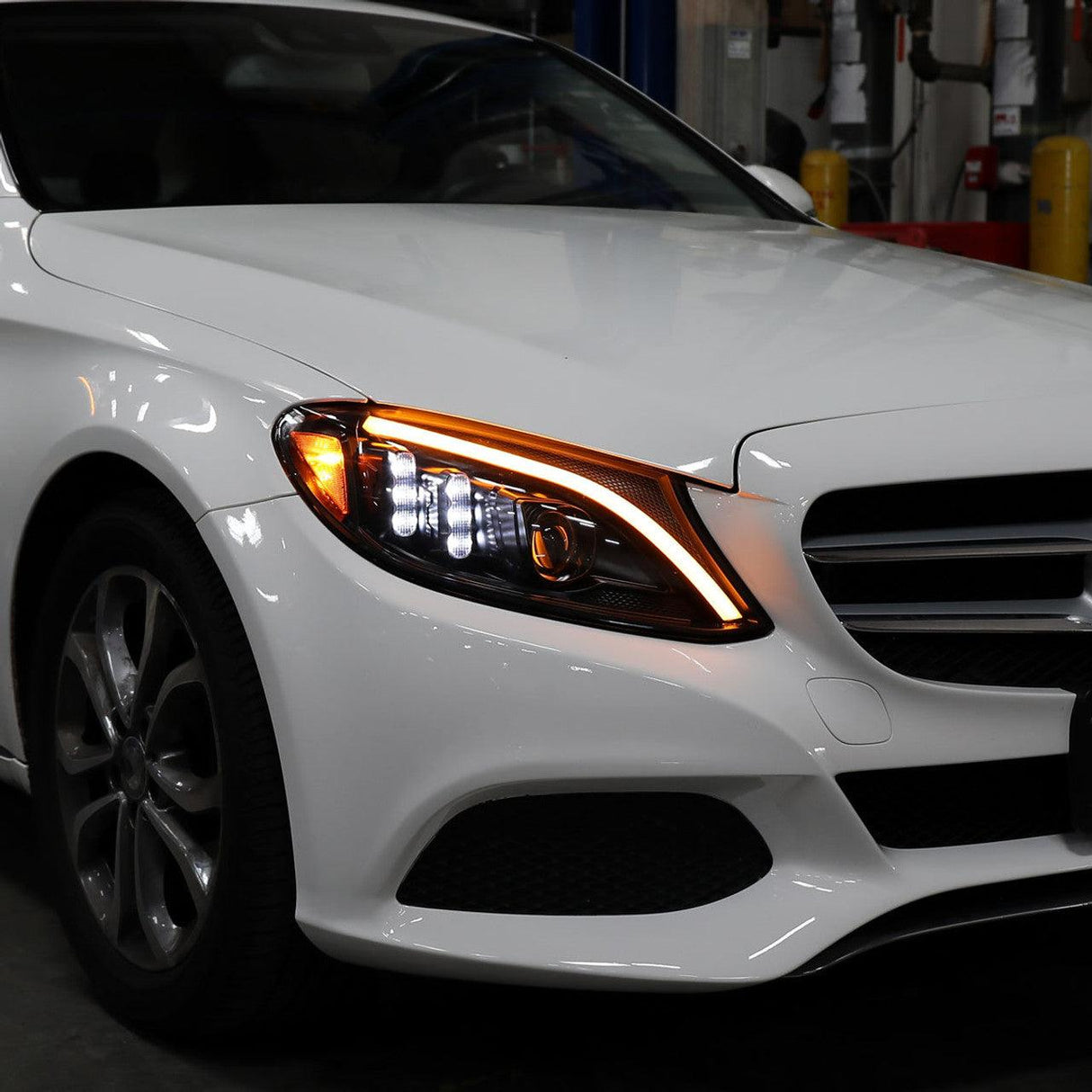Mercedes C250 C300 C400 C450 Sedan W205 - Black / Chrome Projector Headlights LED DRL Bar (2015-2018) - K2 Industries