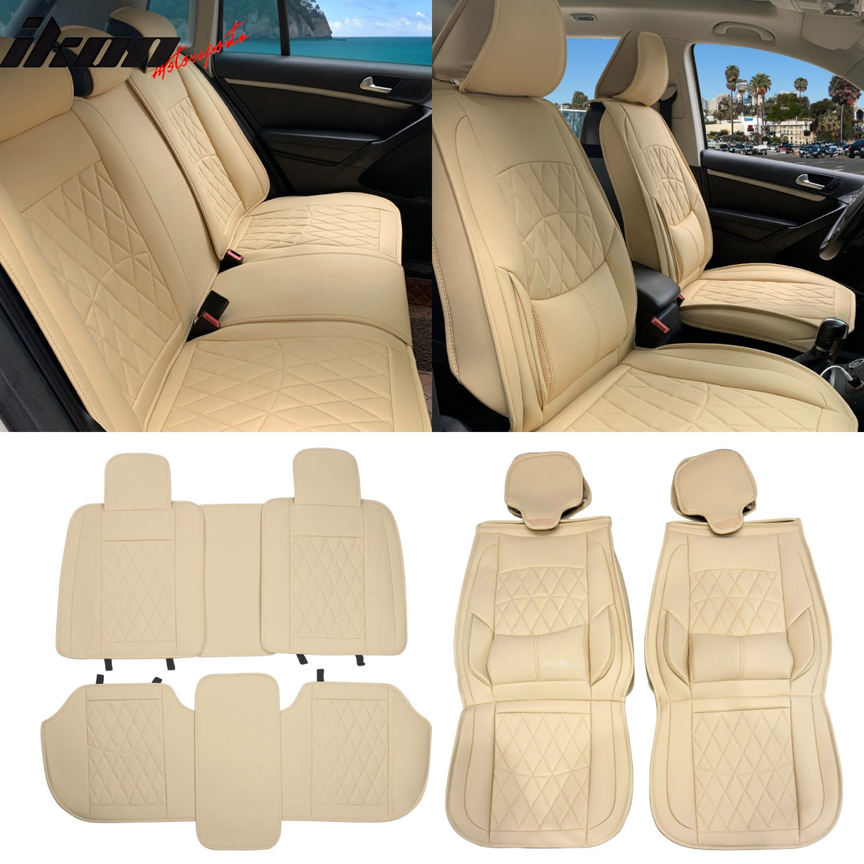 Universal PU Leather Car Seat Cover w/ Lumbar 04B Style Full Set