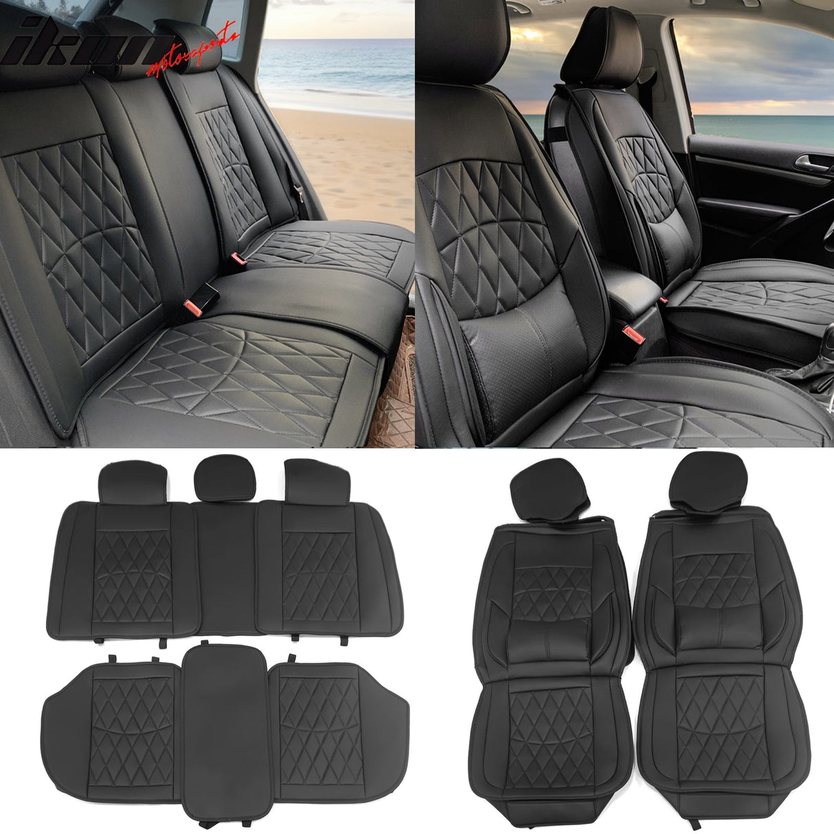 Universal PU Leather Car Seat Cover w/ Lumbar 04B Style Full Set