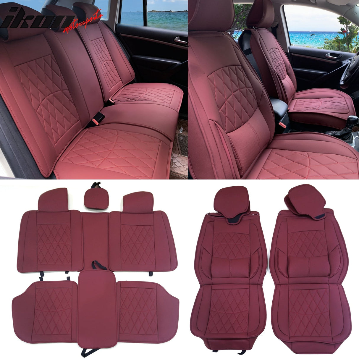 Universal PU Leather Car Seat Cover w/ Lumbar 04B Style Full Set