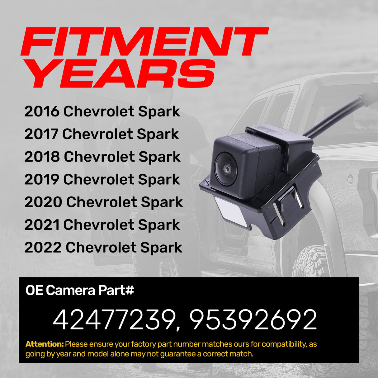 Chevrolet Spark (2016-2022) OEM Replacement Backup Camera OE Part # 42477239, 95392692