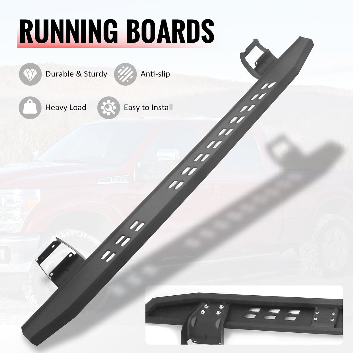 2015-2026 Ford F-150 & 2017-2026 F-250 F-350 F-450 Super Duty SuperCrew Cab 6.3" Rectangular Running Boards Side Step Nerf Bars Raptor Style Steel