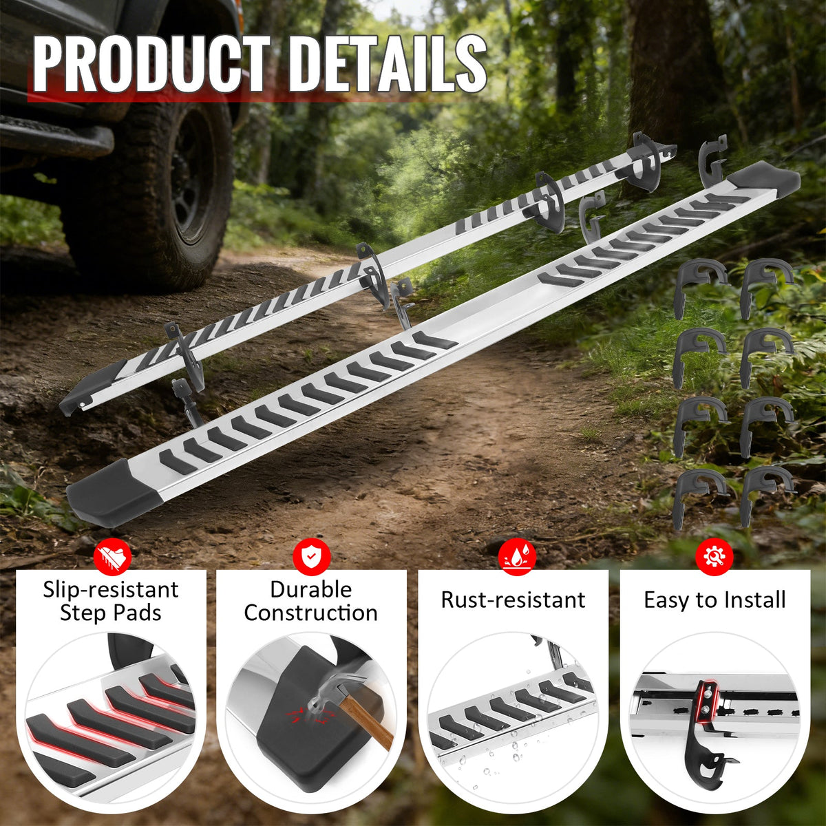 2004-2014 Ford F-150 F150 SuperCrew Cab (Crew Cab) 6" Rectangular Running Boards Side Step Nerf Bars OE Style PP Step Pad Stainless Steel Black Silver