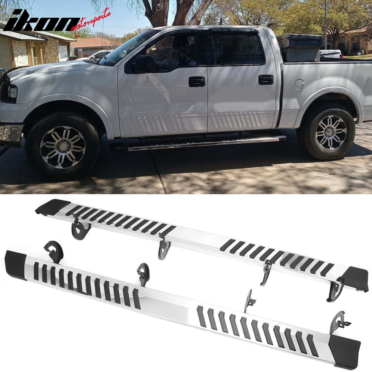 2004-2014 Ford F-150 F150 SuperCrew Cab (Crew Cab) 6" Rectangular Running Boards Side Step Nerf Bars OE Style PP Step Pad Stainless Steel Black Silver