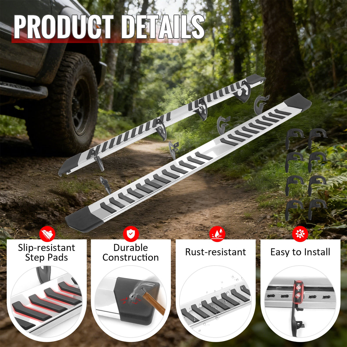 2004-2014 Ford F-150 F150 SuperCab (Extended Cab) 6" Rectangular Running Boards Side Step Nerf Bars OE Style PP Step Pad Stainless Steel Black Silver