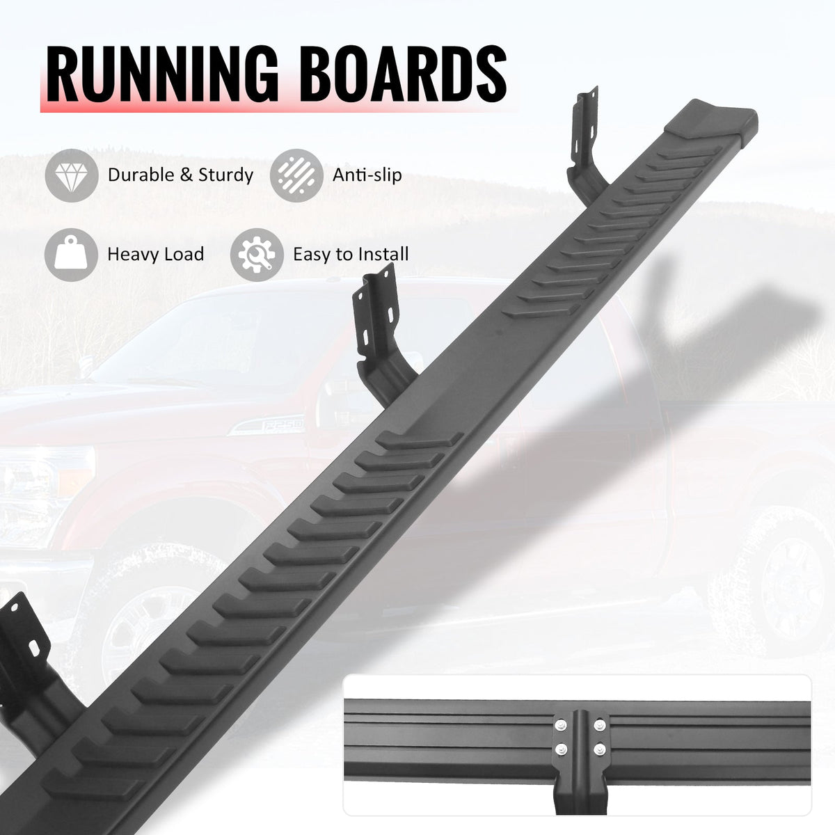 1999-2016 Ford F-250 F-350 F-450 Super Duty SuperCrew Cab 6" Rectangular Running Boards Side Step Nerf Bars OE Style PP Step Pad Aluminum Black