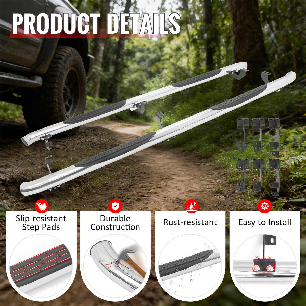 2005-2023 Toyota Tacoma Double/Crew Cab 3" Round Running Boards Side Step Nerf Bars OE Style PP Step Pad Stainless Steel Black Silver