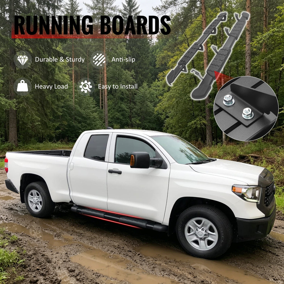 2007-2021 Toyota Tundra Double Cab (Extended Cab) 5" Oval Running Boards Side Step Nerf Bars OE Style PP Step Pad Aluminum Black