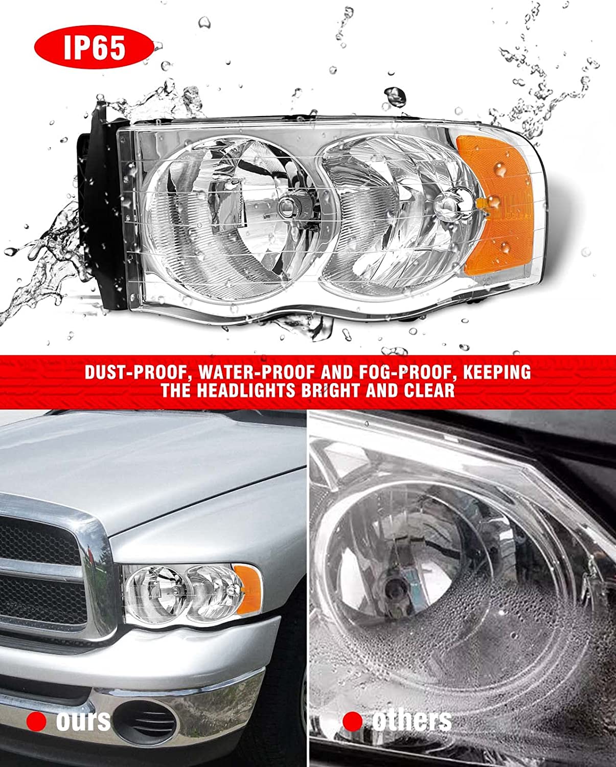 2002-2005 Dodge Ram Headlight Assembly For 1500 2500 3500 20032005 Clear Chrome Lens With Amber Reflector Replacement Left Right