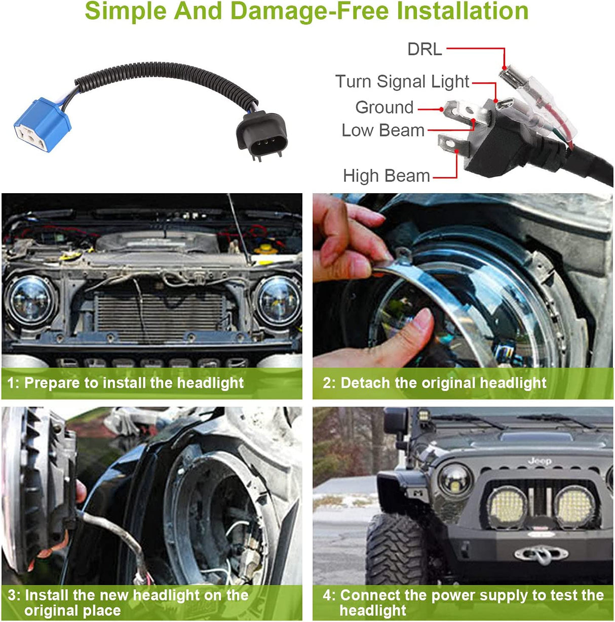 Moclever Round Halo LED Headlight 2pcs 7 Inch Headlights 6000 Lumens Offroad Light Angle Eyes Compatible With Jep Wrangler Tj Jk Cj H4 To H13 Adapter Plug And Play