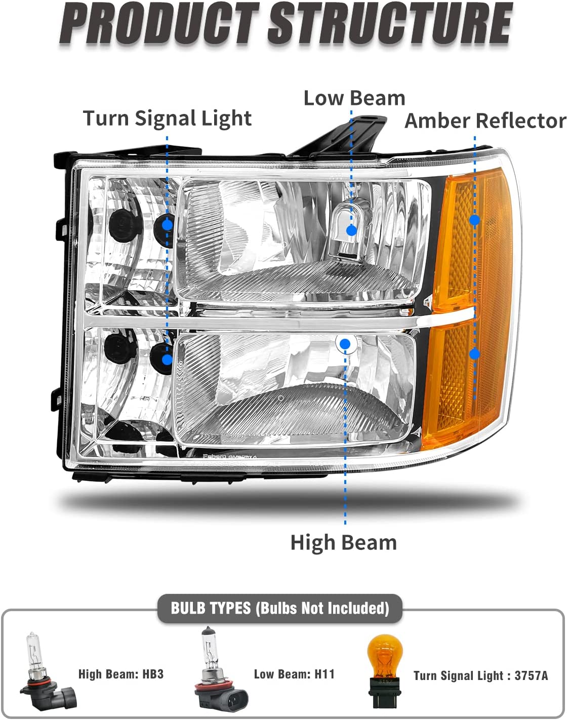 2007-2014 Sierra Headlight Assembly Compatible With Gmc 1500 0714 2500hd 3500hd Chrome Housing Amber Reflector Replacement Left And Right