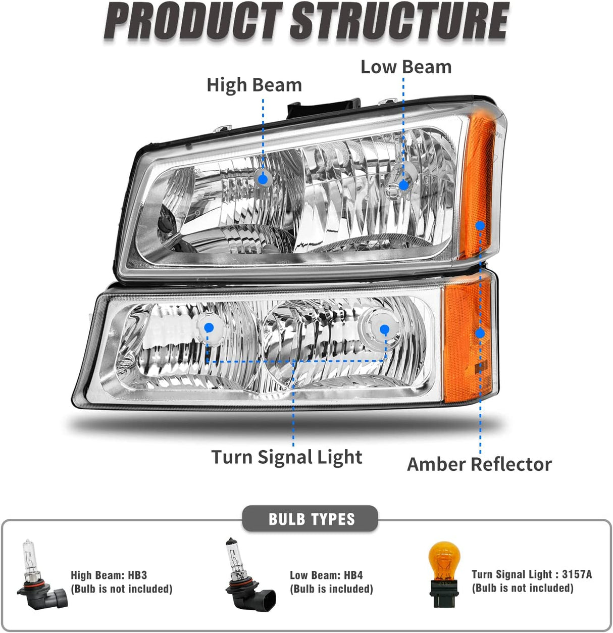 2003-2006 Silverado Headlight Assembly For Chevy Avalanche 150025003500 Clear Chrome Lens With Amber Reflector Replacement Left And Right