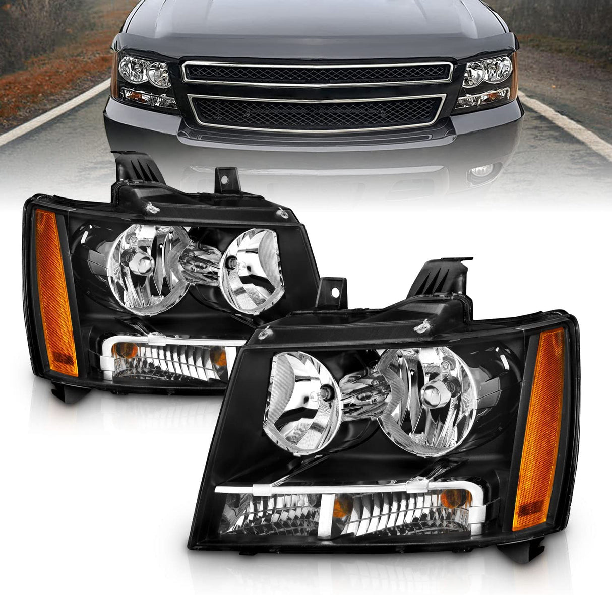 Amerilite Black Replacement Headlights For Chevy Tahoe Suburban Avalanche Pair Driver And Passenger Side Housing